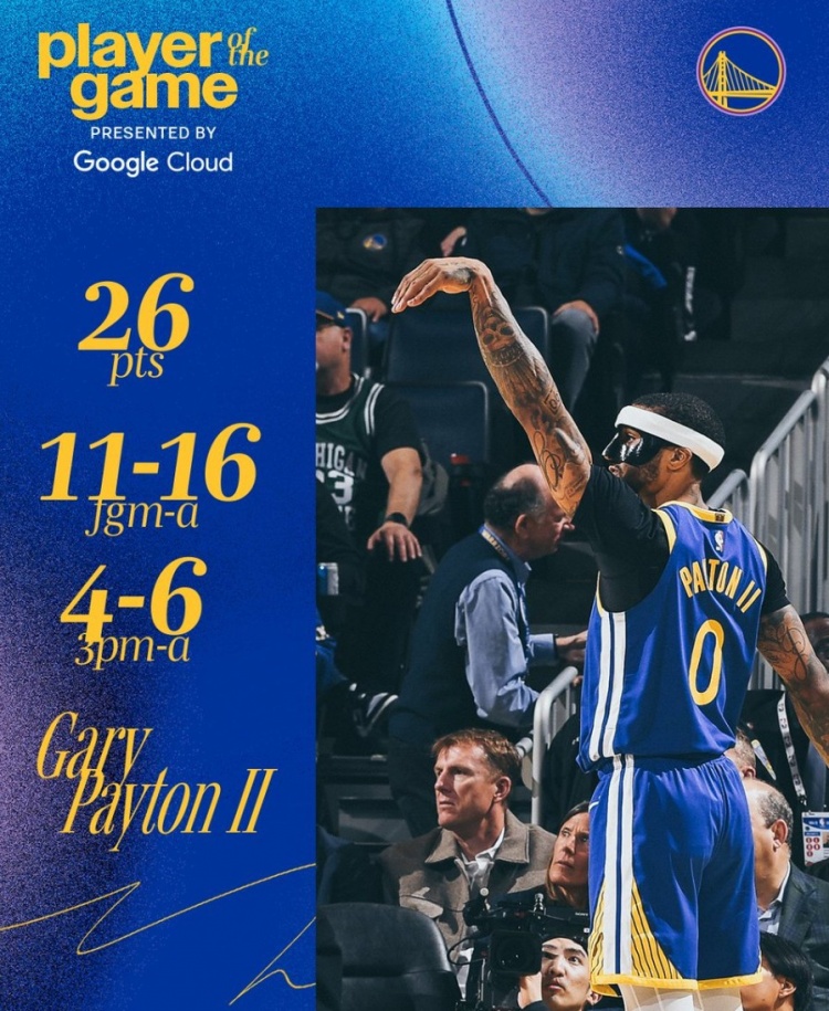 爆砍生涯新高26分！小佩頓當(dāng)選本場勇士隊最佳球員