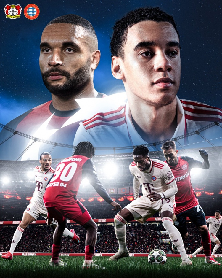 首回合3-0取勝！拜仁發(fā)布戰(zhàn)勒沃庫森海報(bào)：穆西亞拉對決若納坦-塔