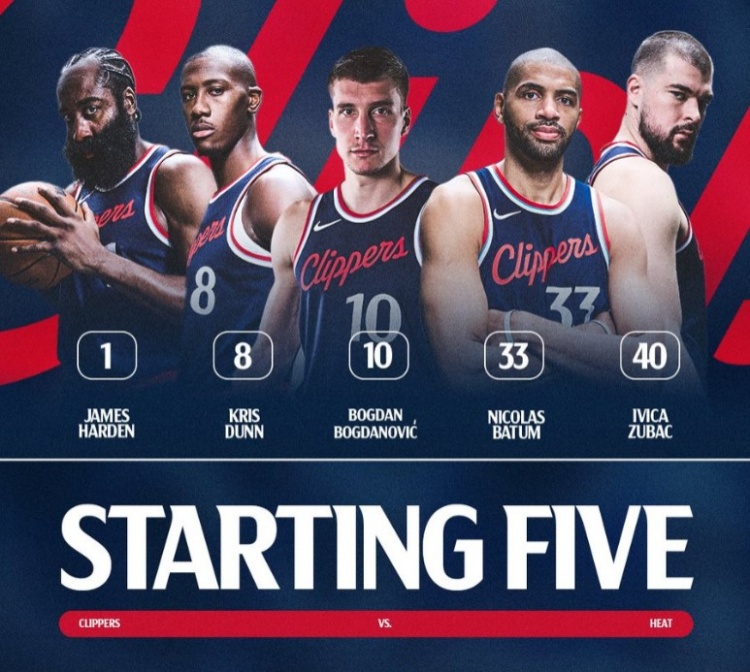 小卡輪休！快船首發(fā)：哈登、鄧恩、博格丹、巴圖姆、祖巴茨
