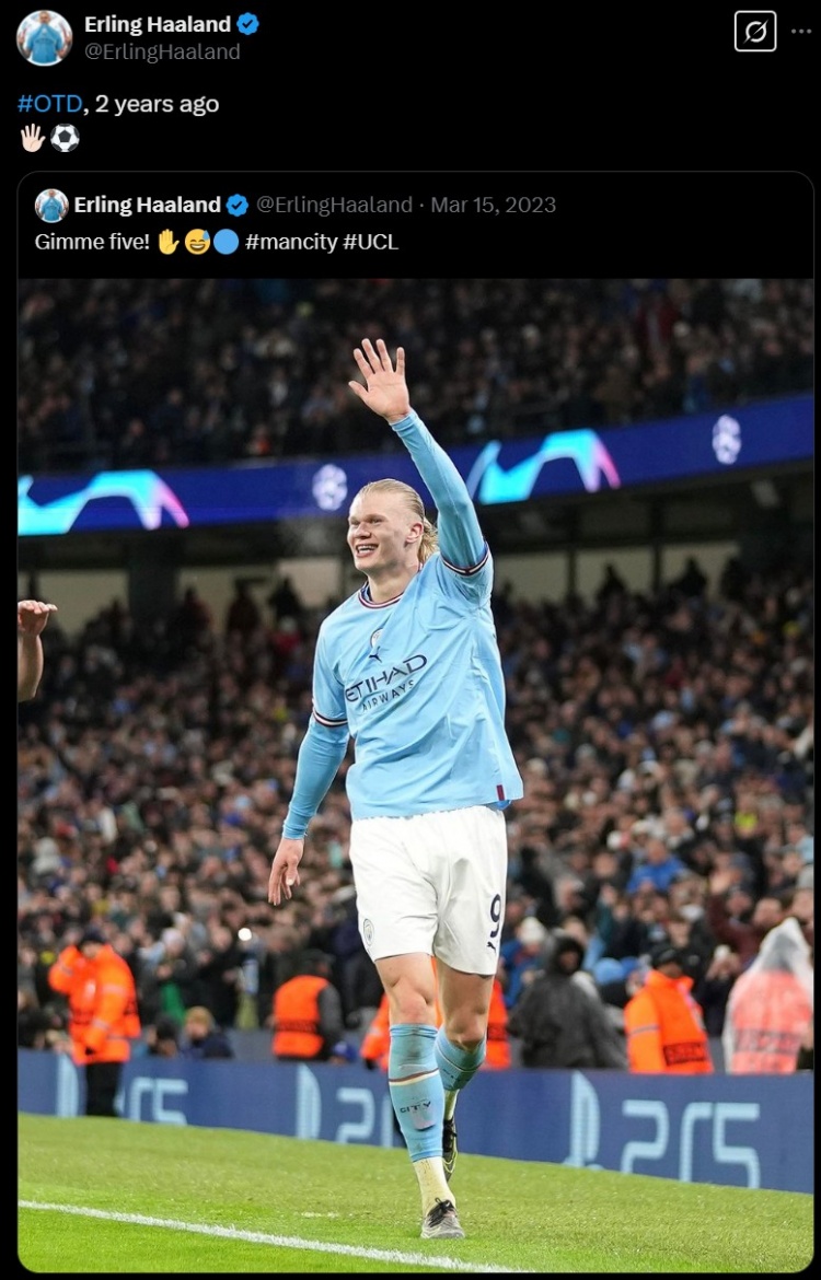 兩年前的今天哈蘭德歐冠上演五子登科，球員轉發(fā)自己當時社媒