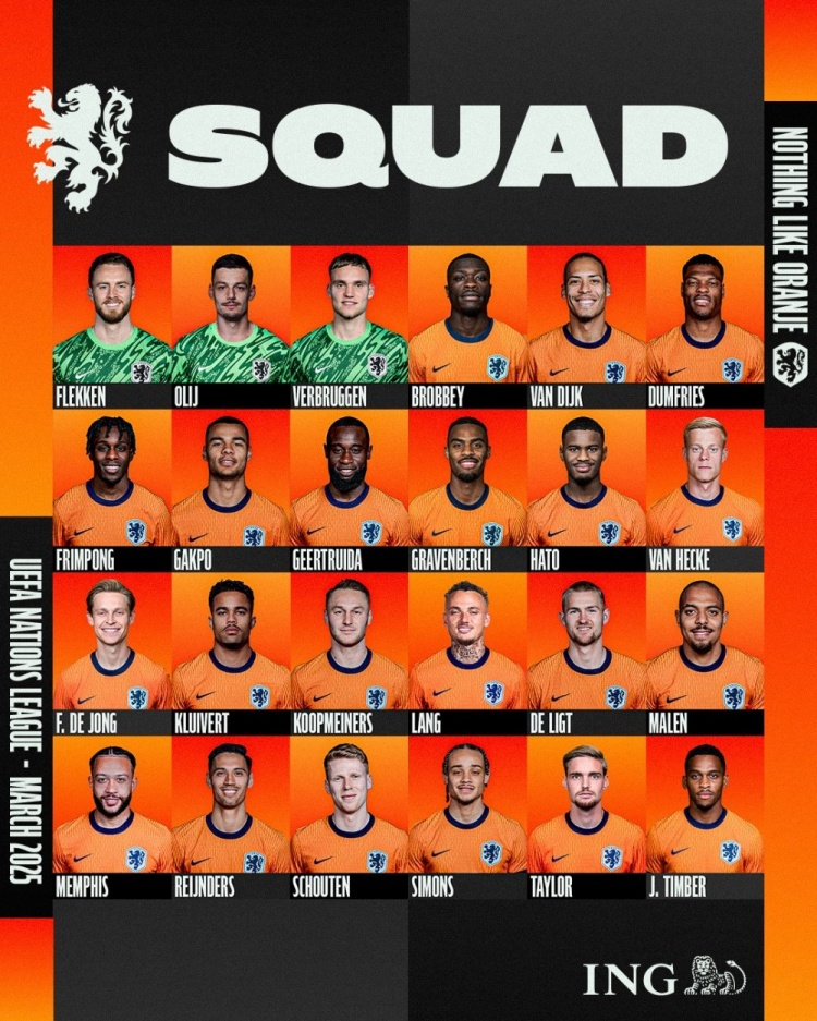 荷蘭歐國聯(lián)名單：范迪克、德容、德佩在列，德里赫特回歸