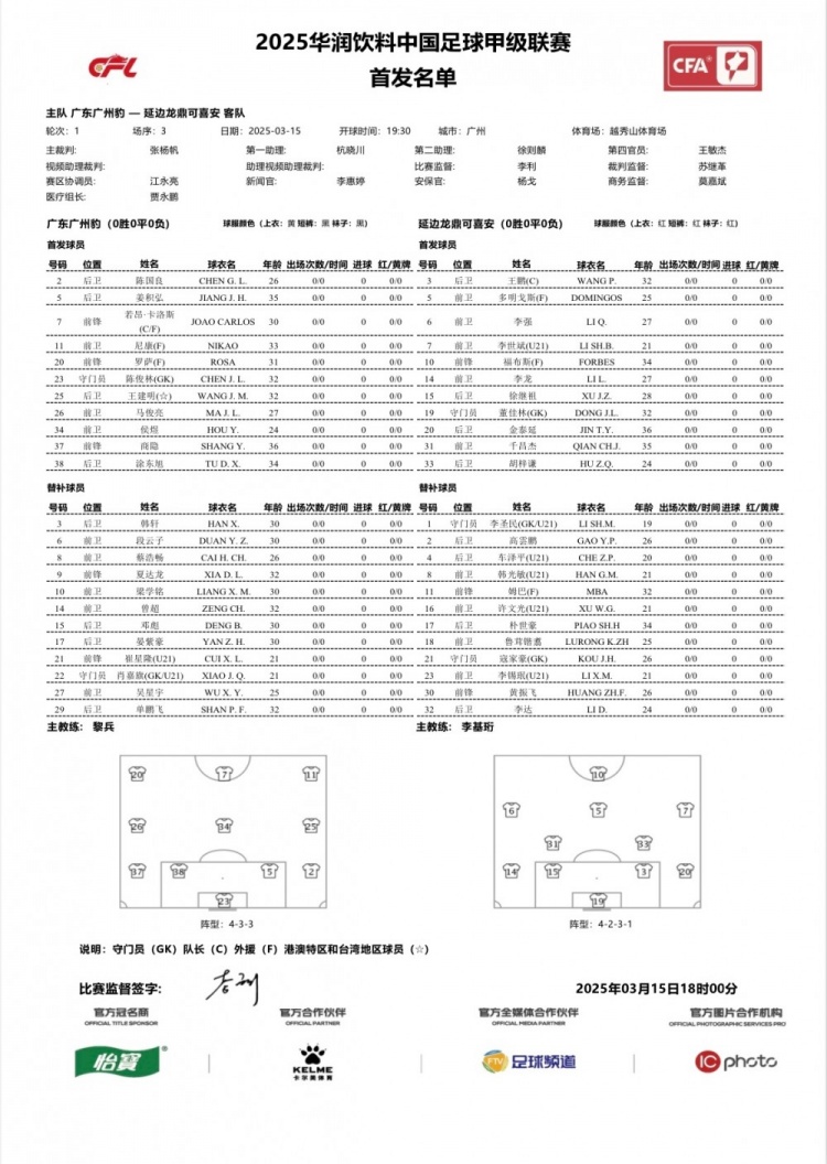 廣州豹vs延邊龍鼎首發(fā)：卡洛斯、羅薩、尼康三外援領(lǐng)銜廣州豹