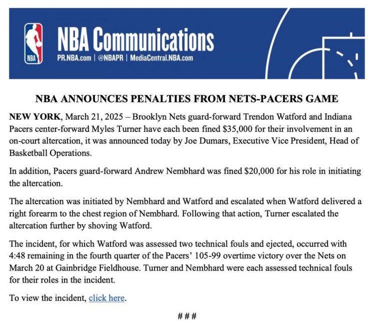 步行者籃網(wǎng)沖突處罰結(jié)果：沃特福德特納均罰款3萬(wàn)5 內(nèi)姆哈德罰2萬(wàn)