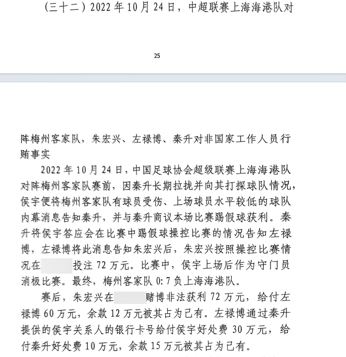 網(wǎng)傳判決書：梅州0-7海港，梅州守門員侯宇收30萬好處費消極比賽