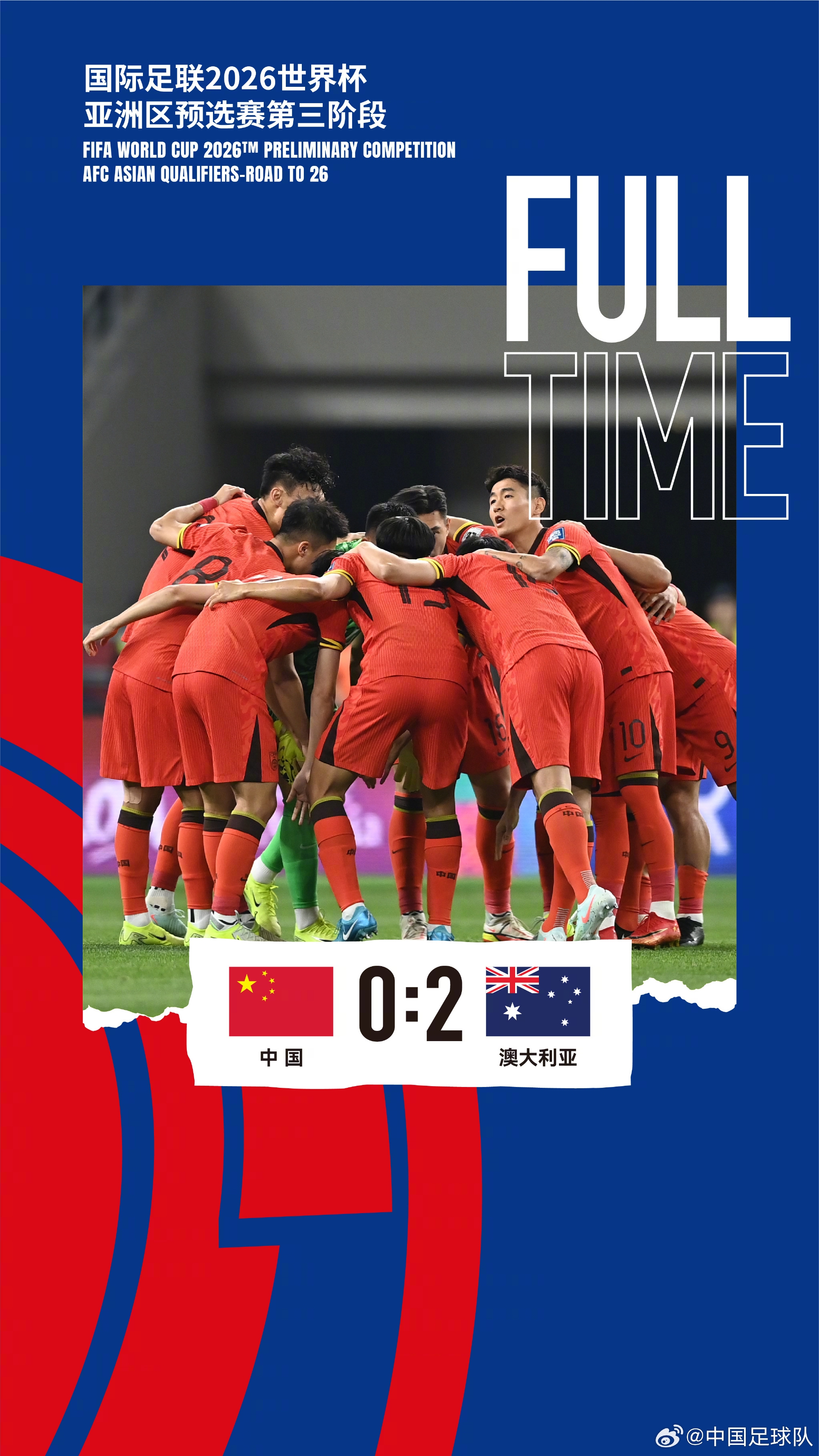 美加墨世界杯亞洲區(qū)預(yù)選賽第三階段第八輪，中國(guó)隊(duì)0-2澳大利亞隊(duì)